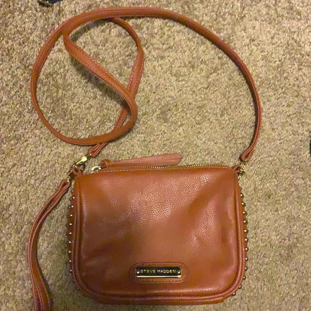 Cognac brown STEVE MADDEN cross body bag with gold studding
